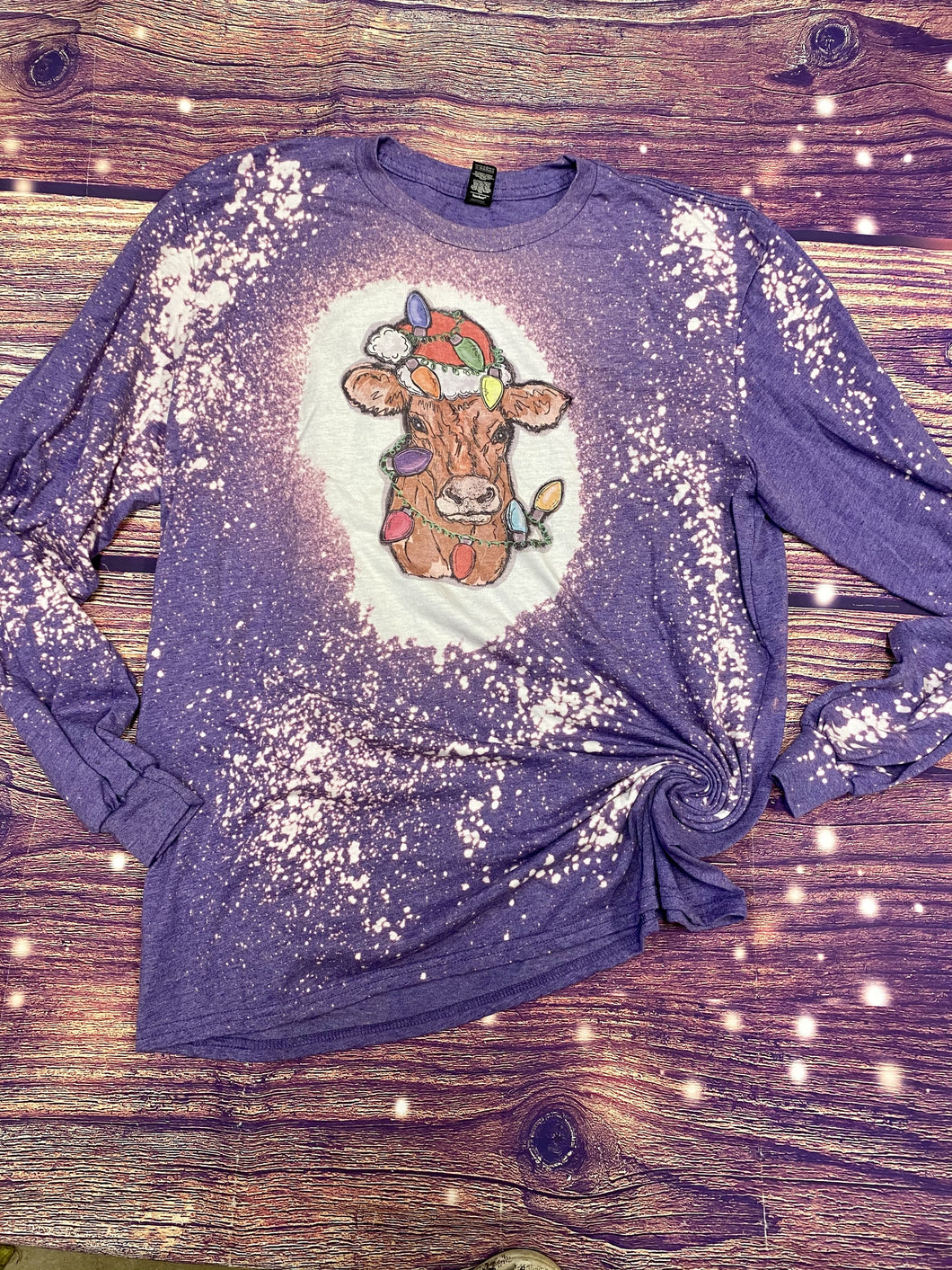 Cow Christmas lights bleach long sleeve tee